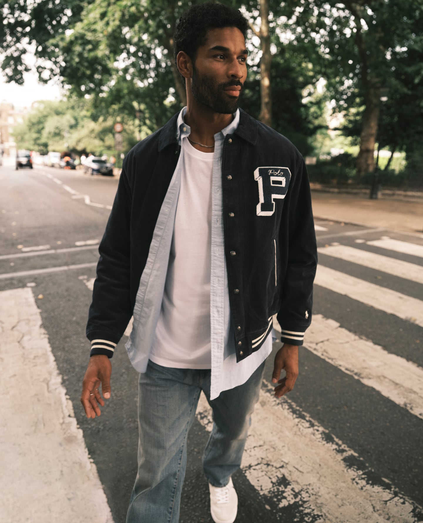 Model wears Polo Ralph Lauren Bomber style Jacket