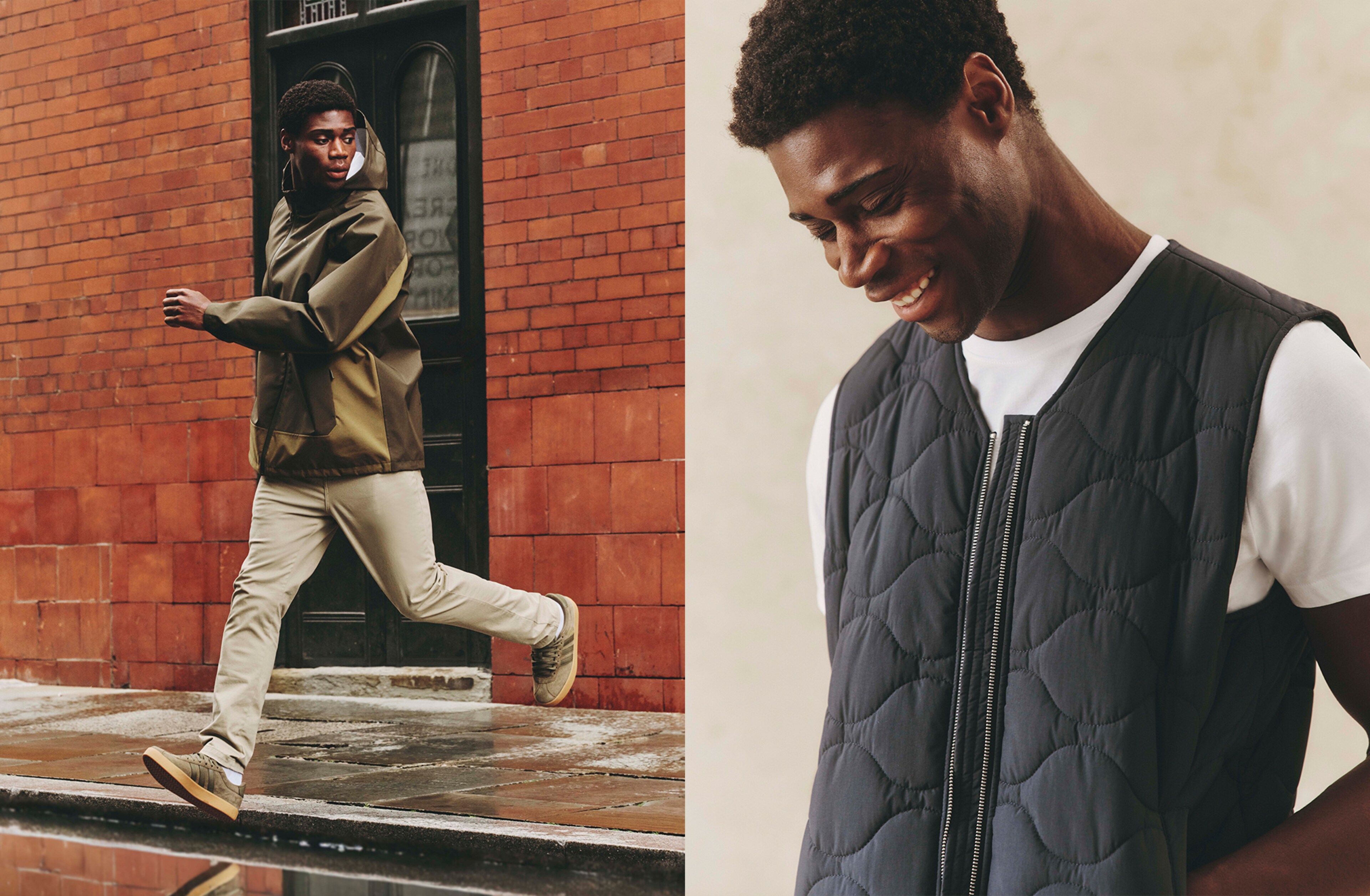 Model wears Snowdonia Mac with Beige trousers and Model wears Onion Quilt Zip Through Gilet in Navy