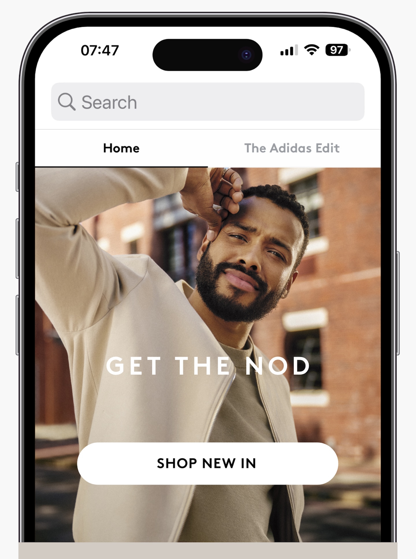 Picture shows the Jacamo app homepage featuring new campaign 'Get The Nod' Shop New in, Brand or Category