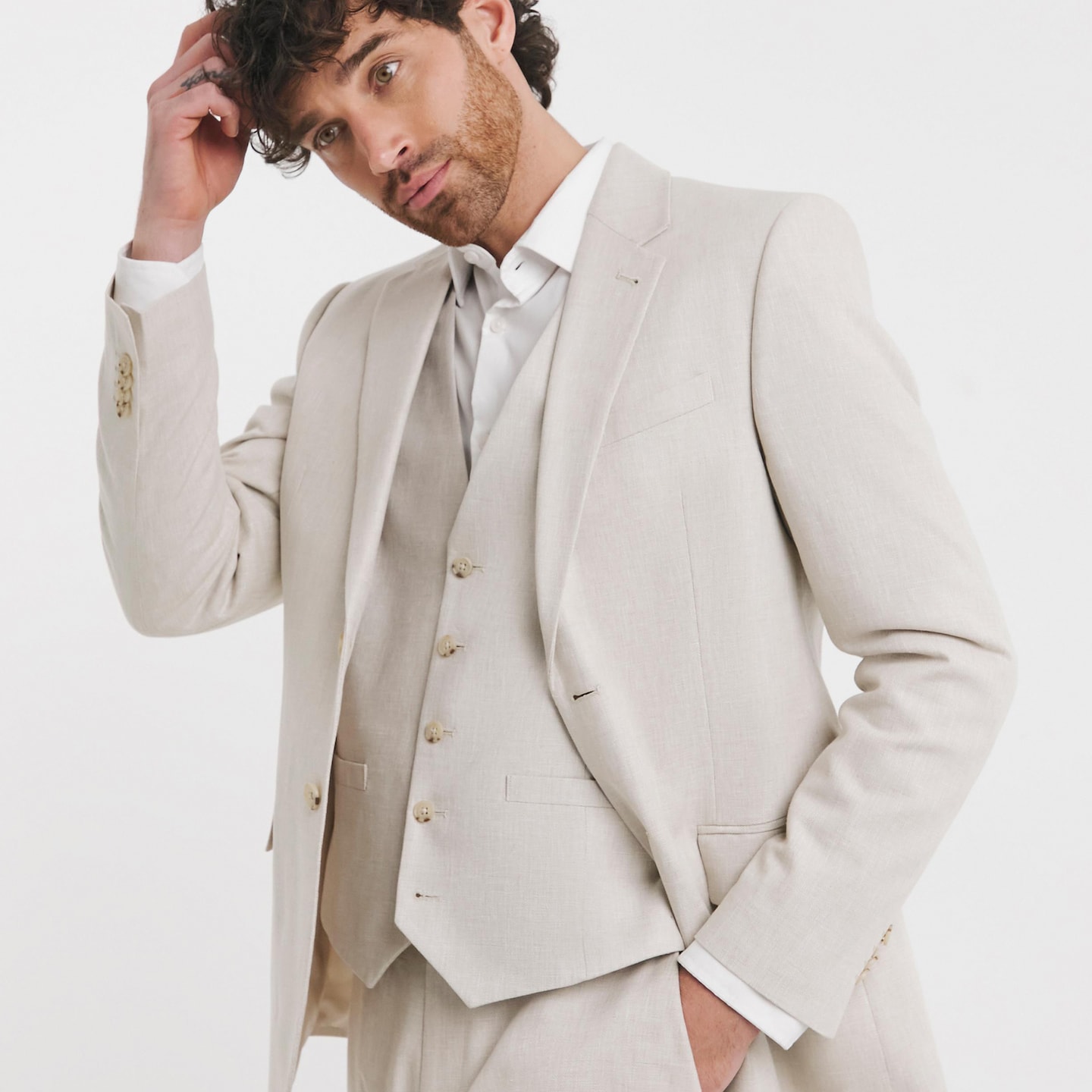 Model wears Linen Blend Suit