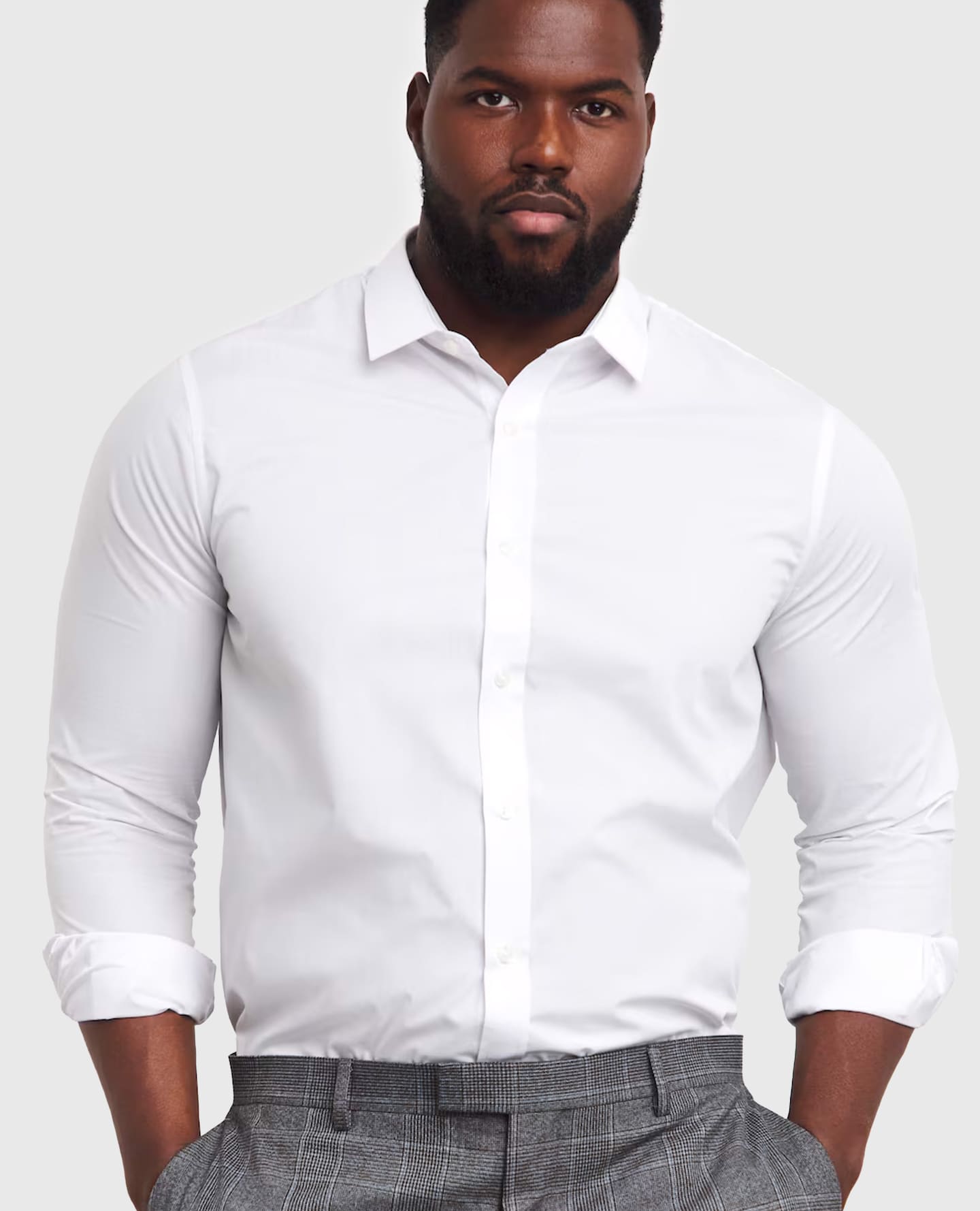 Model wearing white shirt