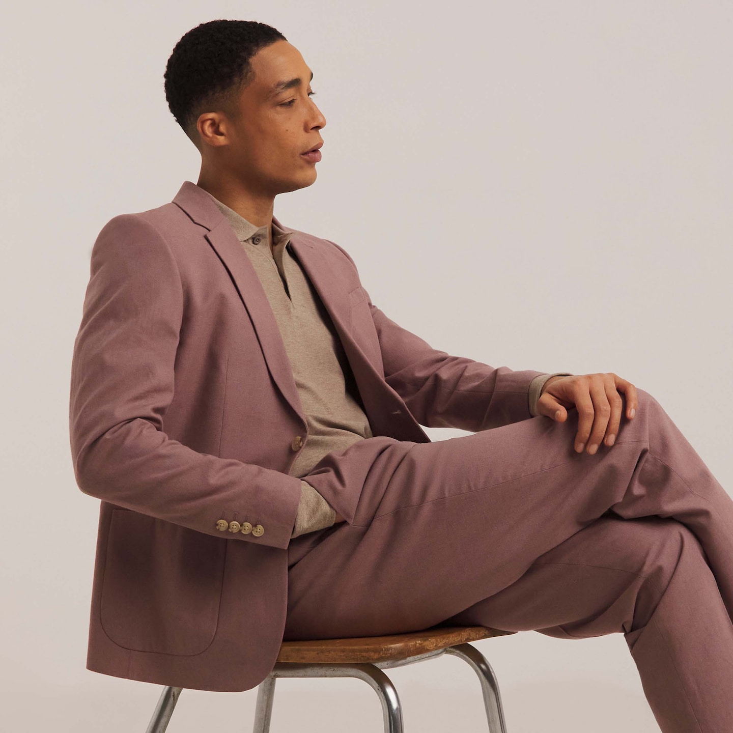 Model wears pink Linen Blend Suit