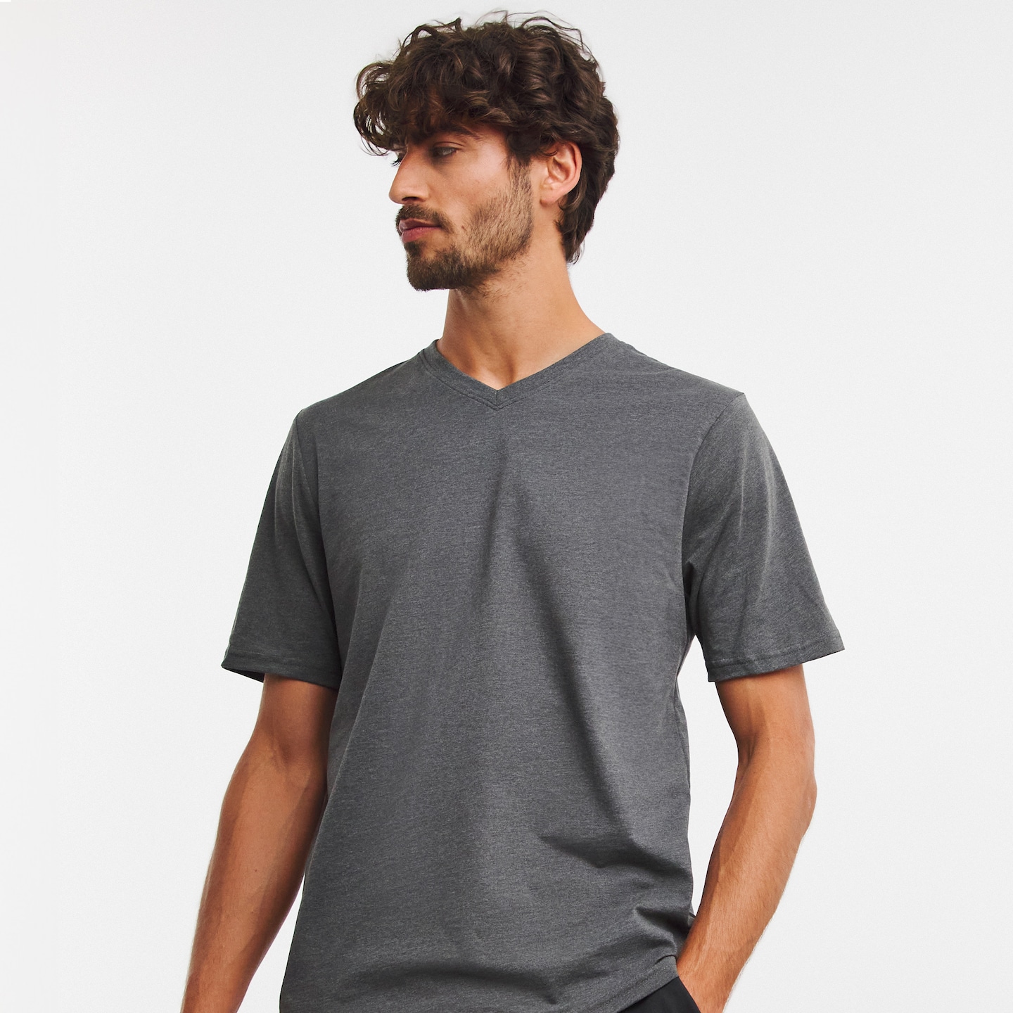 Model wearing grey v-neck t-shirt