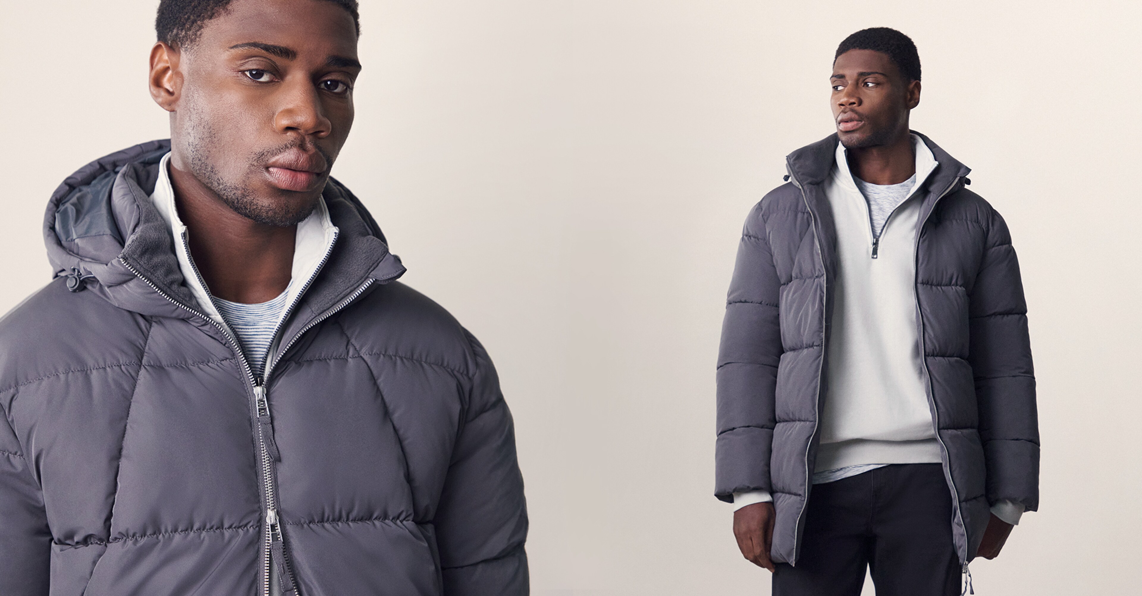 Model wears Grey Mid Length Puffer Jacket