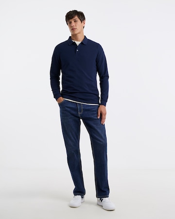 Pure Cotton Long Sleeve Pique Polo Long Length- Navy