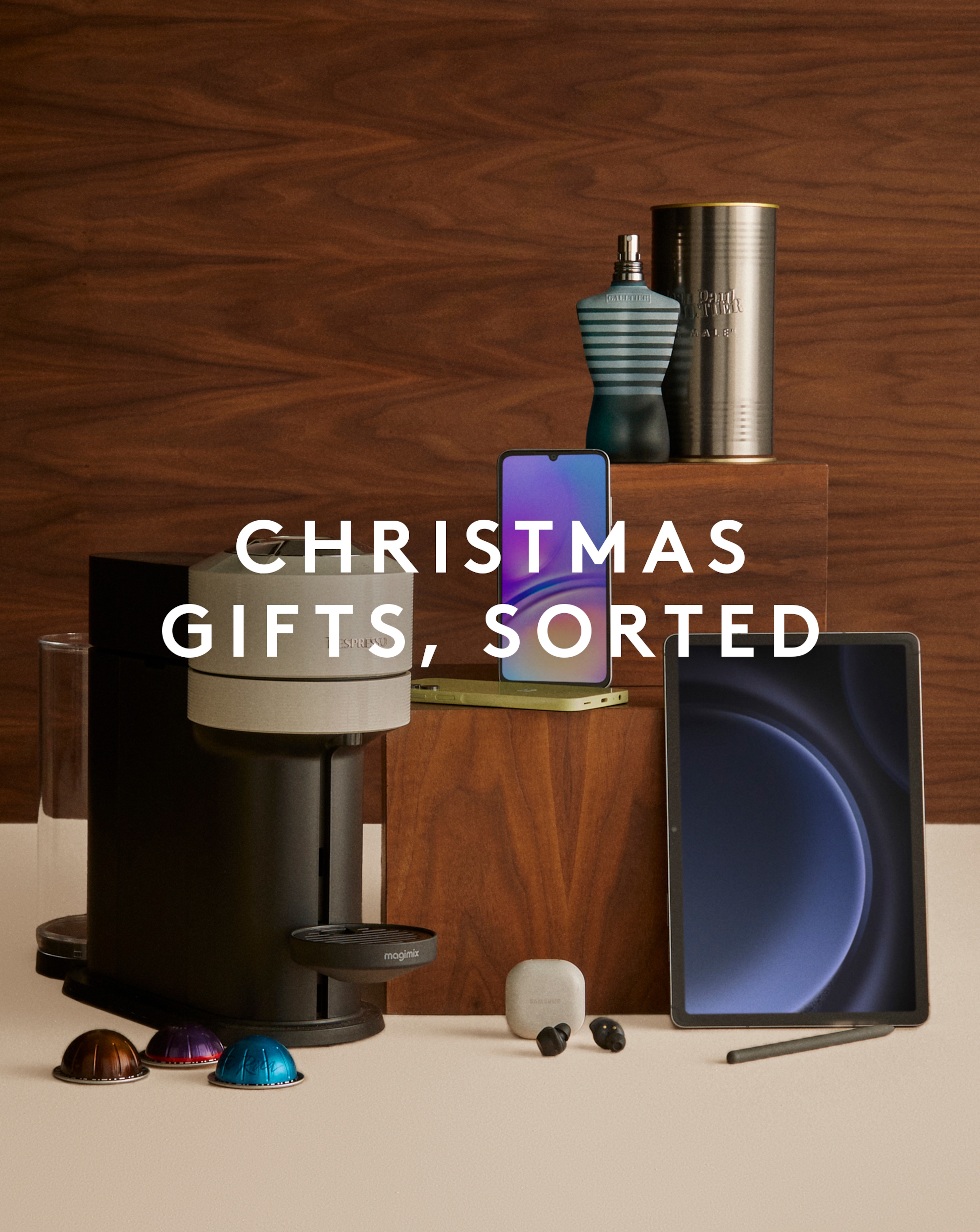 Christmas Gifts, Sorted.
Gifts pictured including Jean Paul Gaultier fragrance, iPad, iPhone, airpods and Nespresso machine.