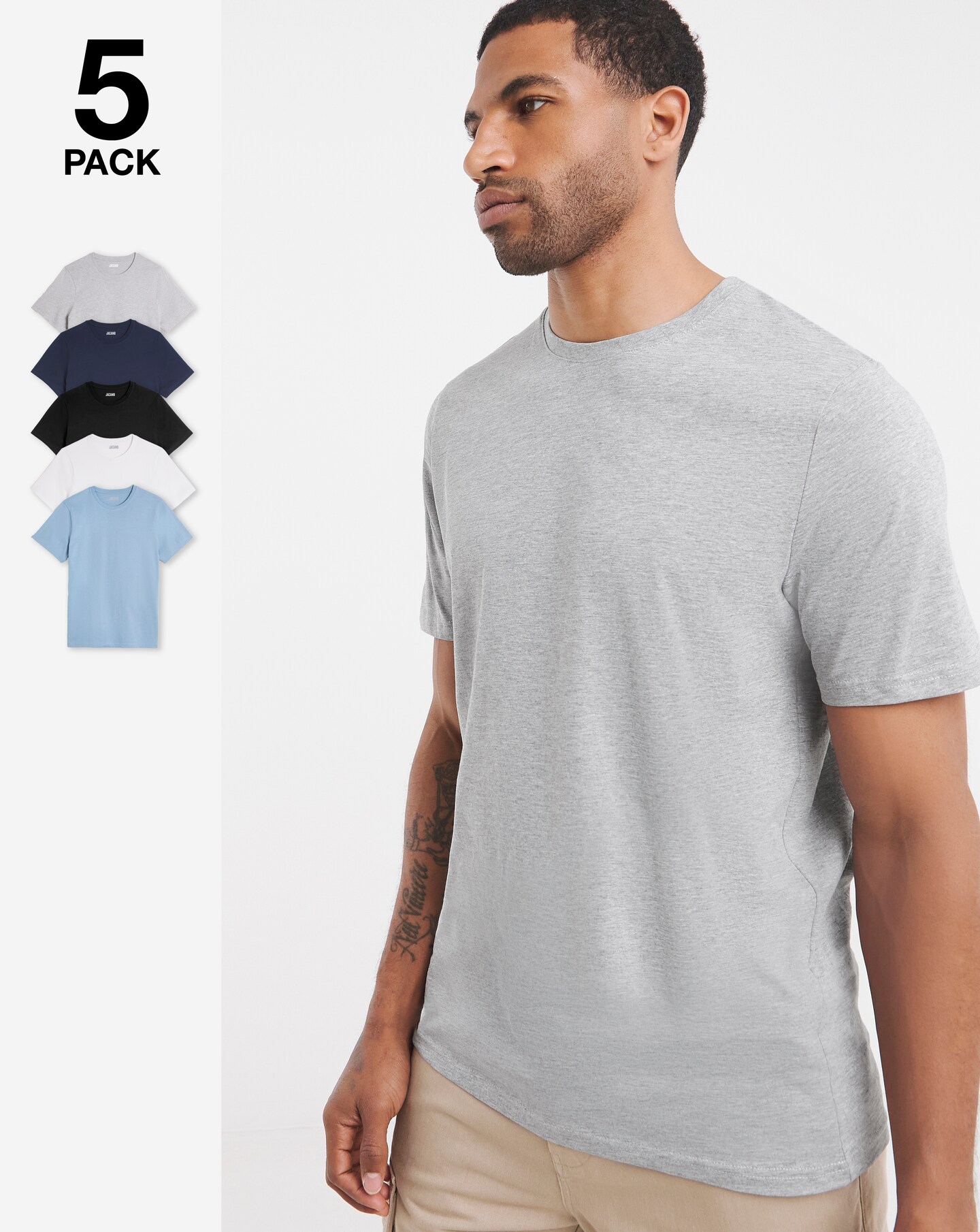 5 Pack Pure Cotton Crew Neck T-Shirts Long Length