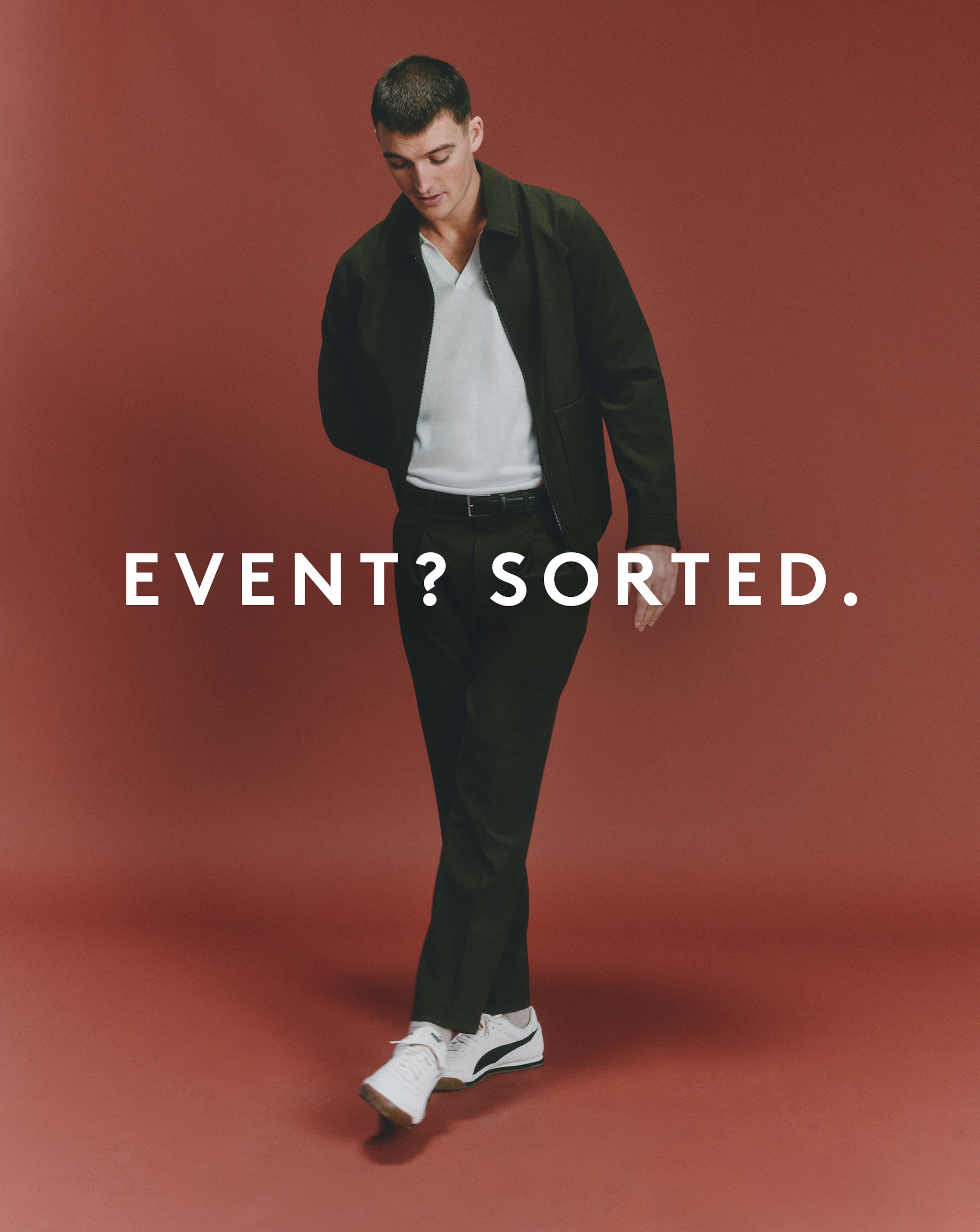 Event? Sorted. Model wears Tailored Zip Through Harrington Jacket with Tailored Tapered Pleat Front Trouser