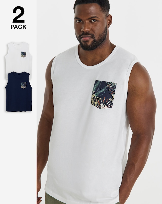 JACK & JONES Honolulu Printed Pocket Tank 2 Pack - Navy/White