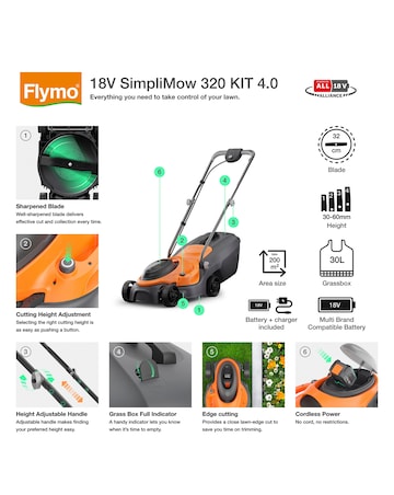 Flymo 18V SimpliMow 320 Cordless Lawnmower w/ 4.0Ah Battery & Charger