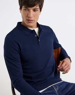 Pure Cotton Long Sleeve Pique Polo Long Length- Navy