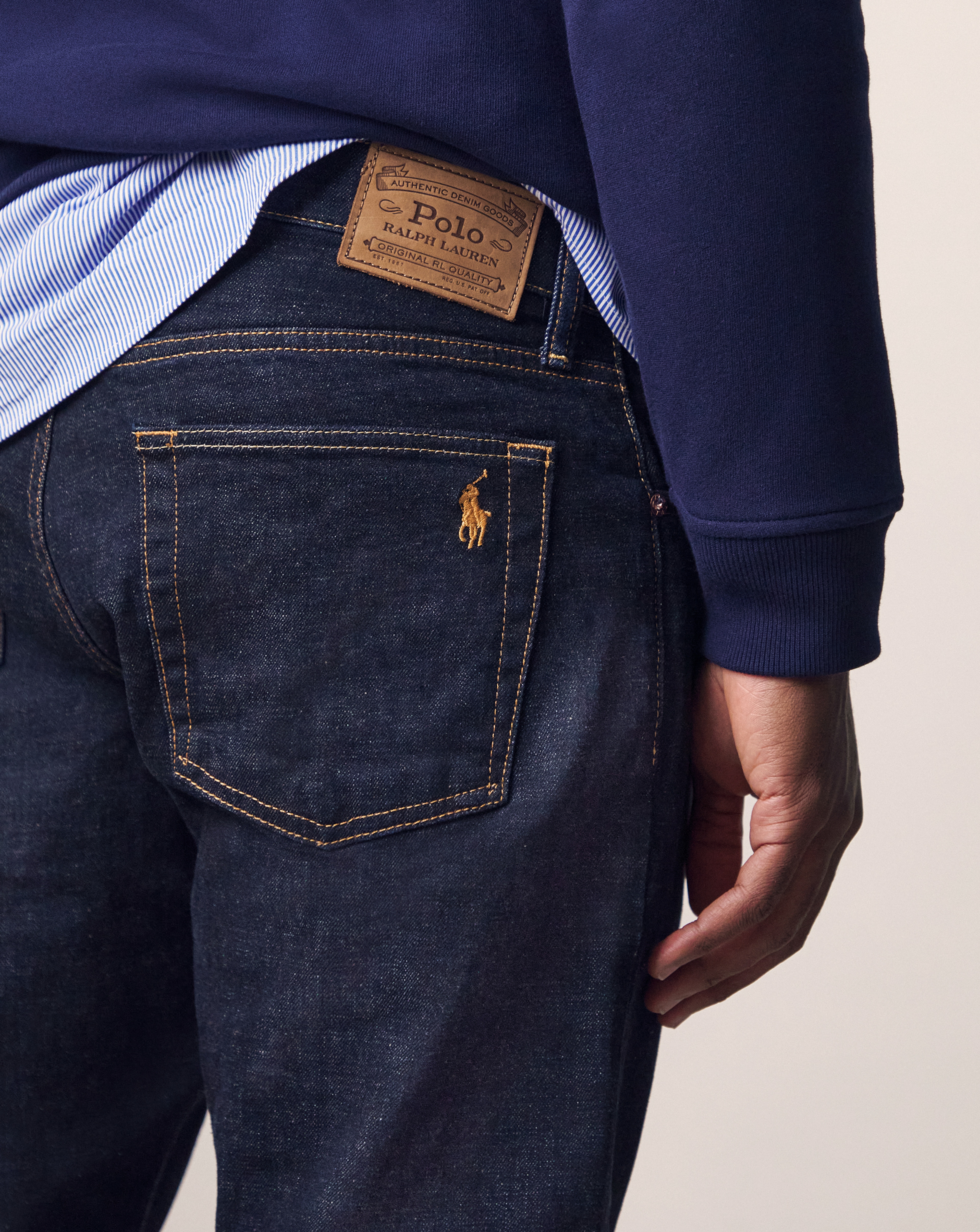 Model wears Polo Ralph Lauren Hampton 5 Pocket Straight Jean - Dark Wash