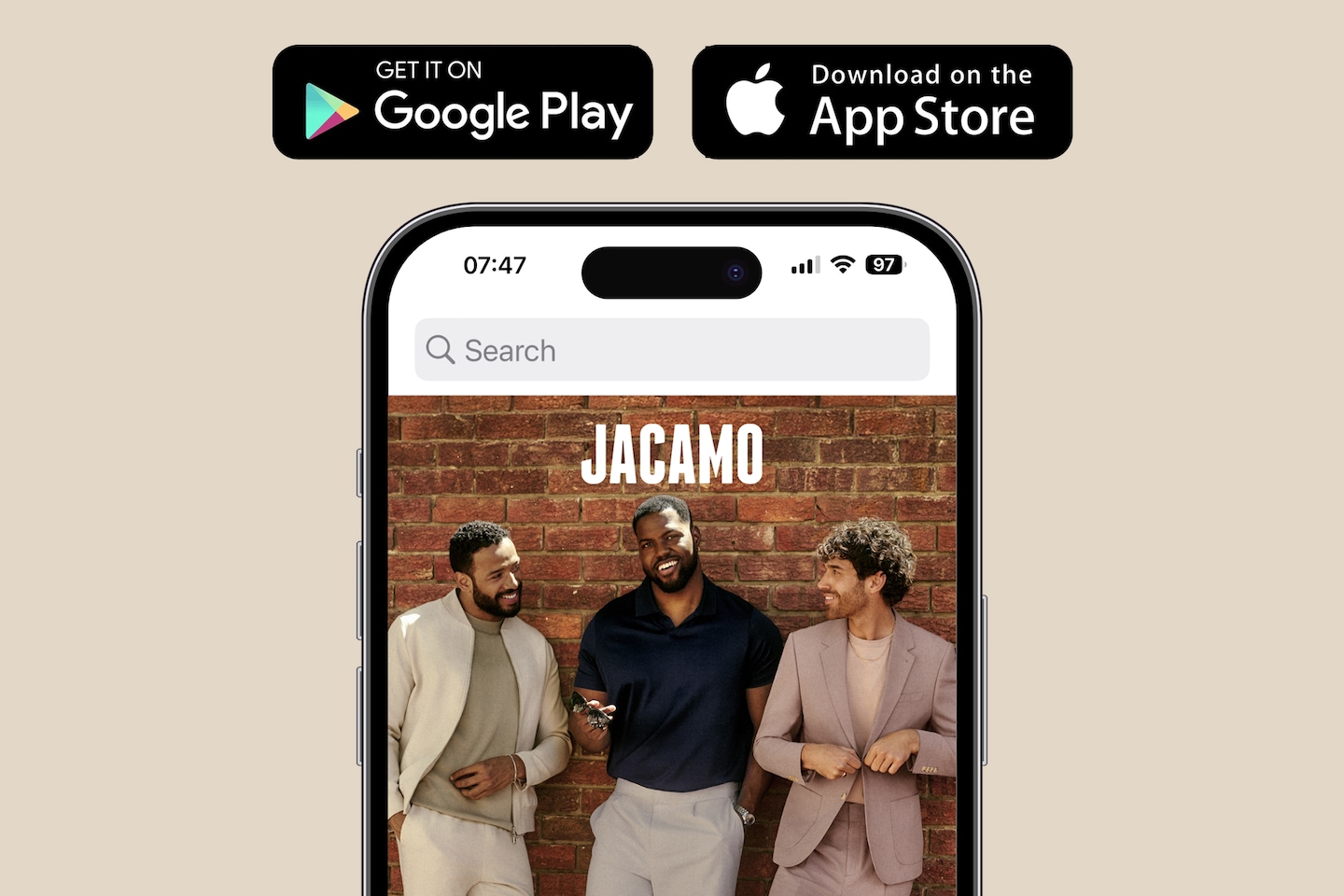 The Jacamo app. Displayed is the Jacamo app homepage screen with an image from Jacamo campaign 'Get The Nod'.