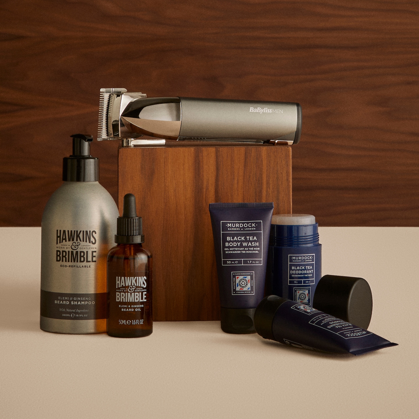 Men's grooming products are displayed including from Hawkins & Brimble, Murdock and Babyliss