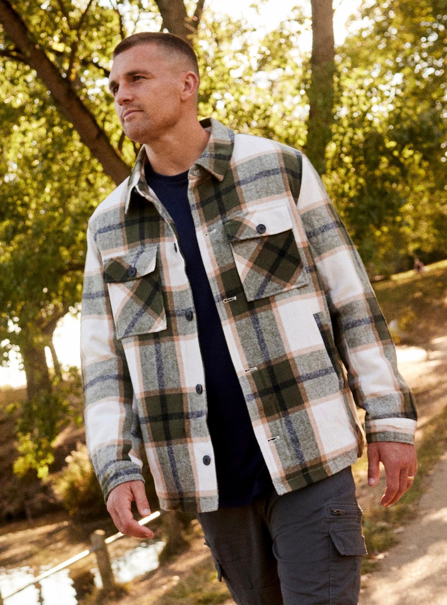 Henry Slade wears light checked shacket