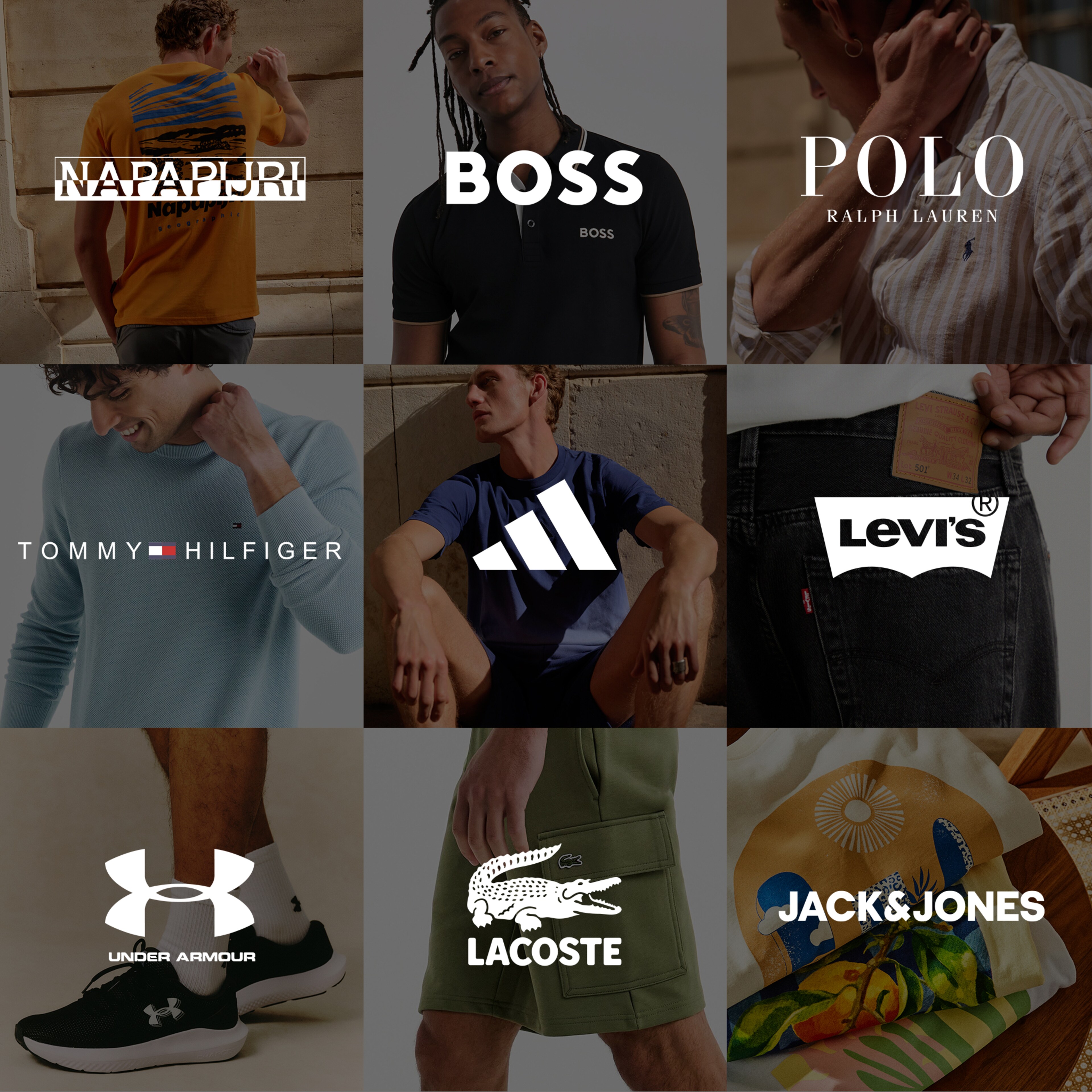 Napapijri, BOSS, Polo Ralph Lauren, Tommy Hilfiger, adidas, Levis, Under Armour, Lacoster and Jack & Jones brands logo and products displayed.