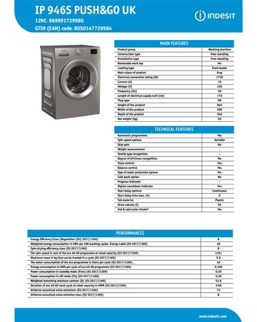 Indesit IP 946 Push & Go Washing Machine - Silver