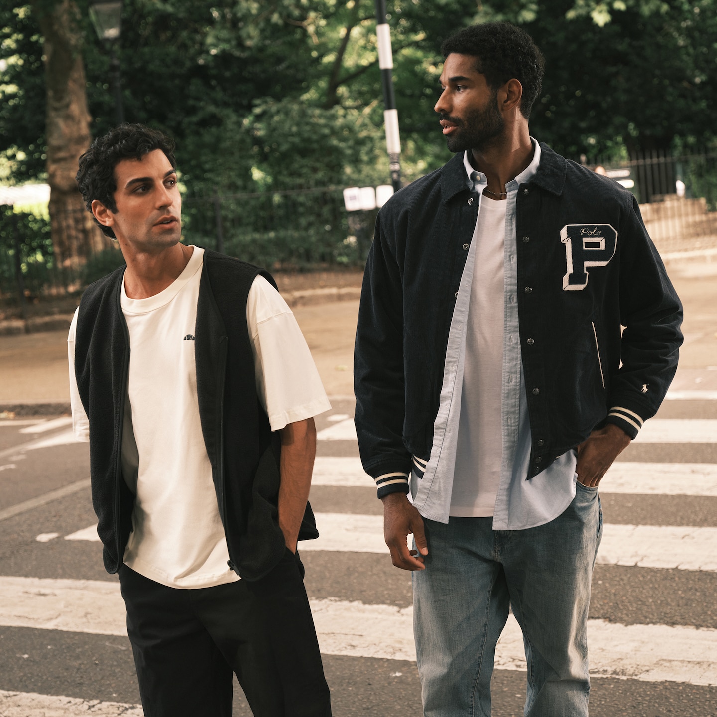 Model wears Polo Ralph Lauren Cord Varsity Jacket - Navy with Polo Ralph Lauren Classic Long Sleeve Oxford Shirt - Blue