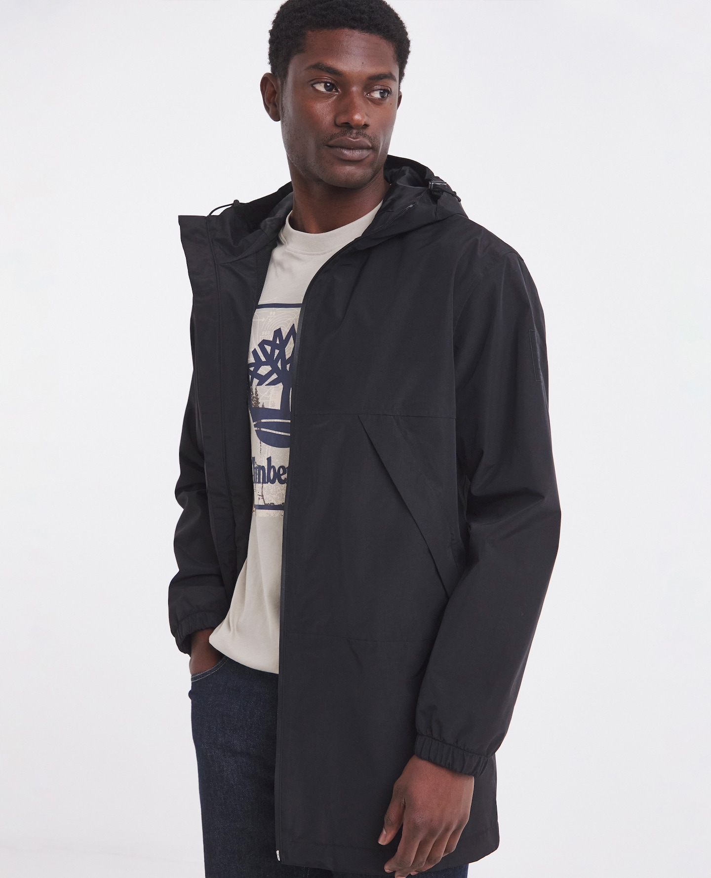 Model wearing waterproof parka