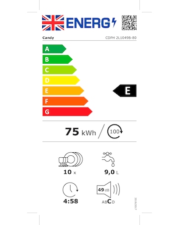 CDPH 2L1049B-80 Candy Brava 10 Place Setting Slimline Dishwasher