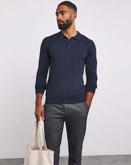 Navy Cotton Long Sleeve Polo