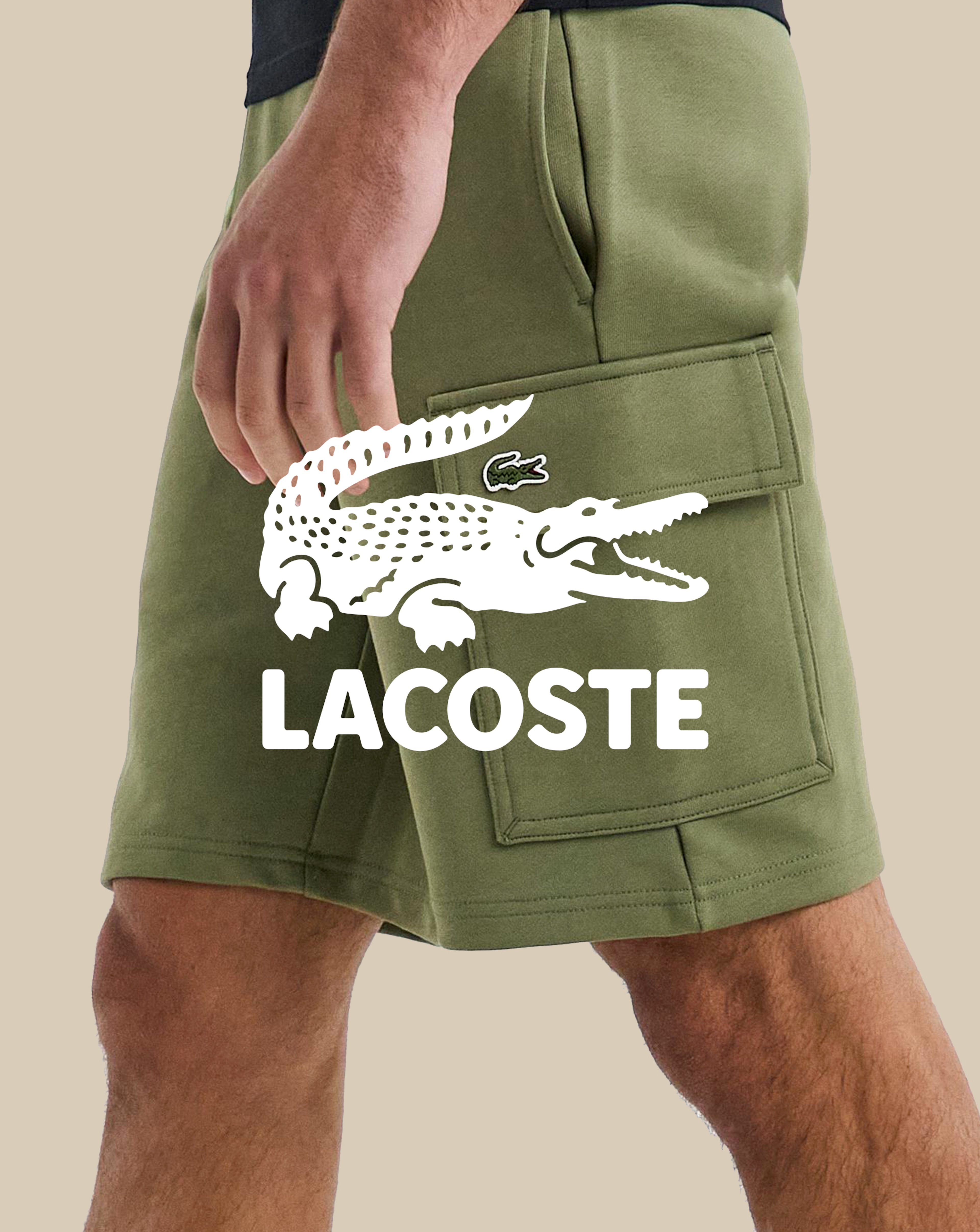 Lacoste. Model wears Lacoste Cargo Sweat Short - Khaki
