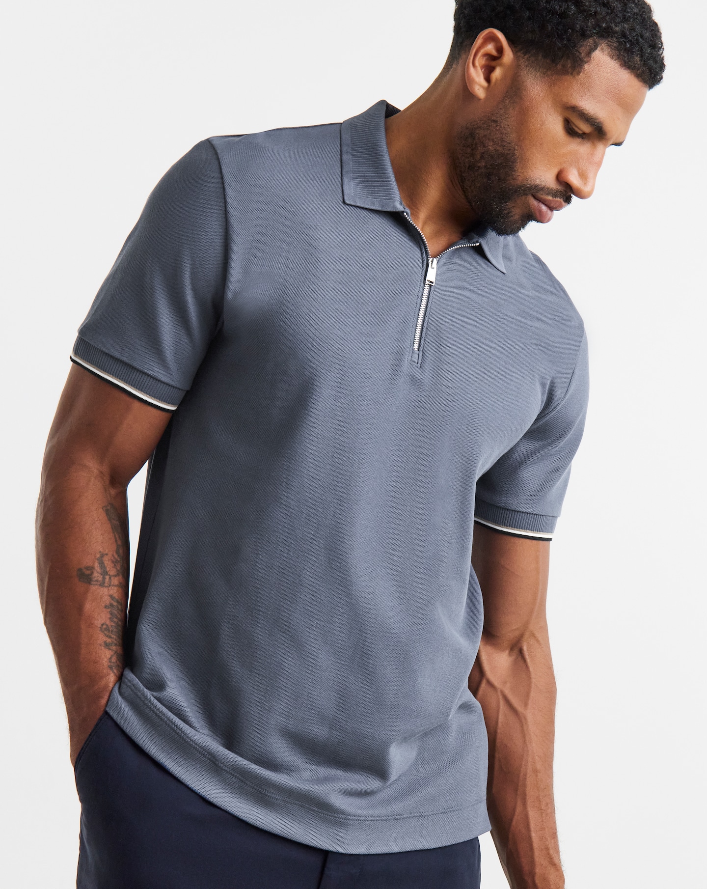 BOSS Short Sleeve Zip Neck Polo - Blue | Jacamo