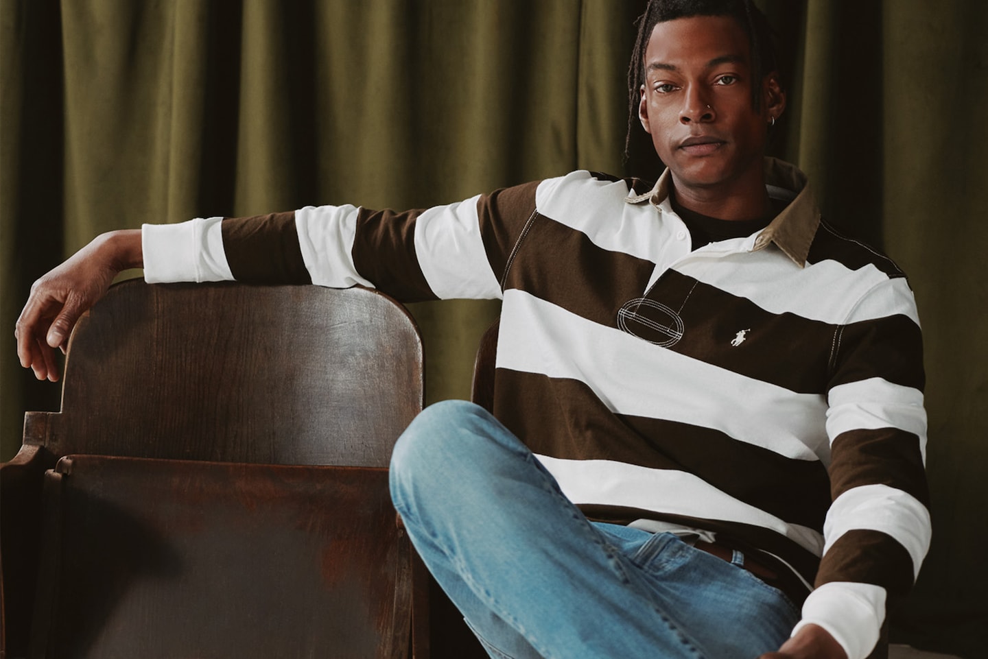 Model wears Polo Ralph Lauren Long Sleeve Stripe Rugby - Brown/Cream with blue wash jeans
