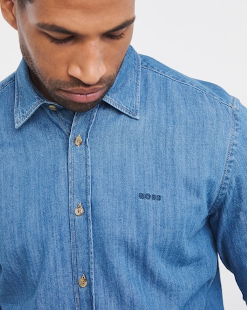 BOSS Long Sleeve Logo Denim Shirt - Mid Wash