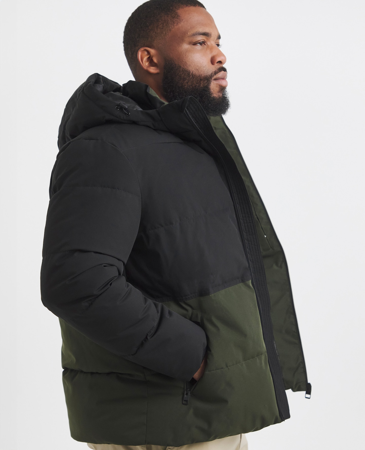 Model wearing heavyweight puffer jacket