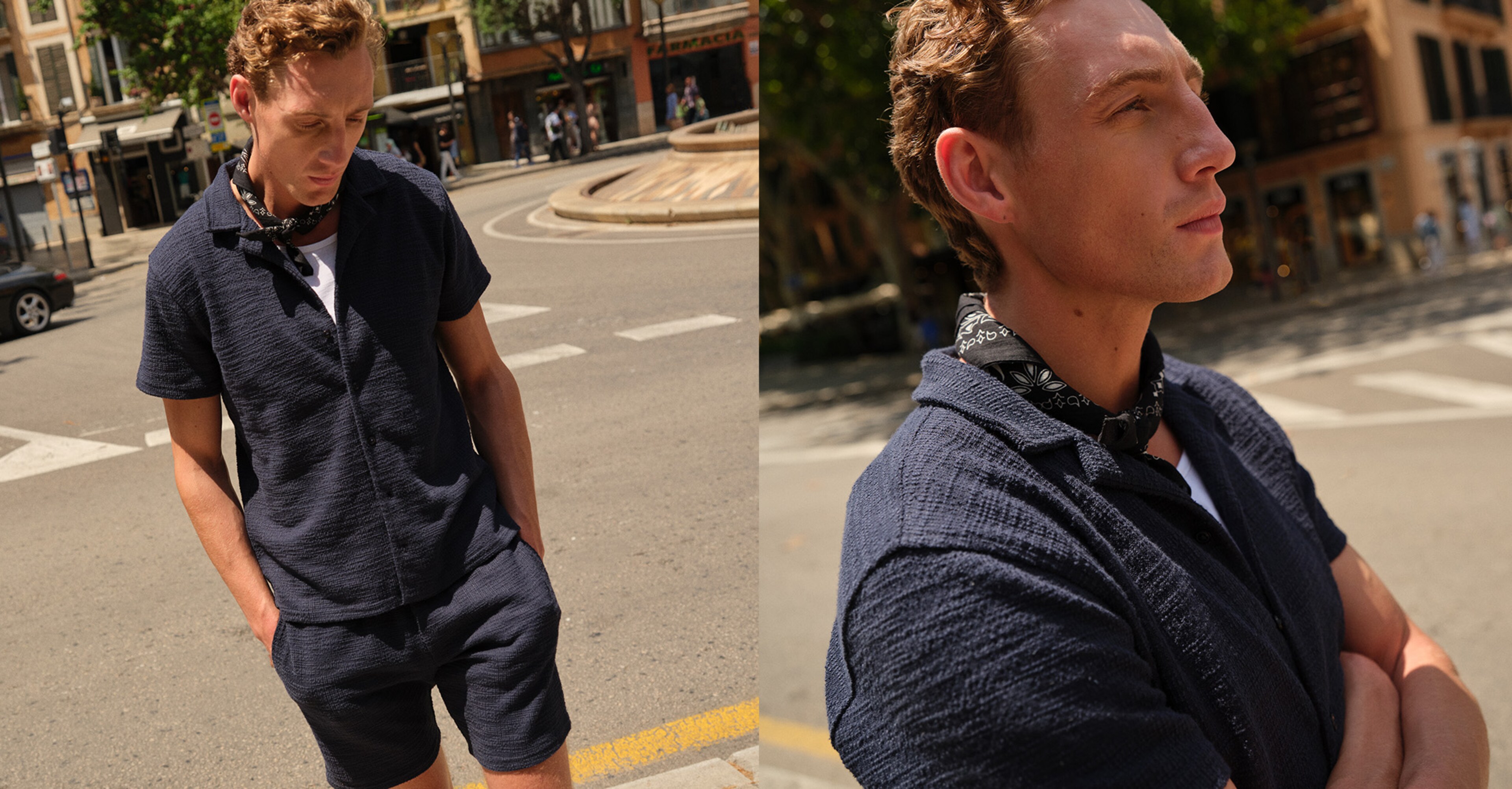 Model wears Textured Revere Collar Jersey Shirt with matching shorts.