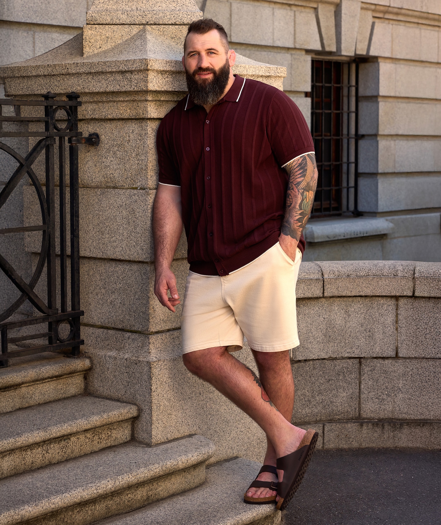 Joe Marler wears Burgundy Polo with Fully Elasticated Waist Dock Shorts in Cream