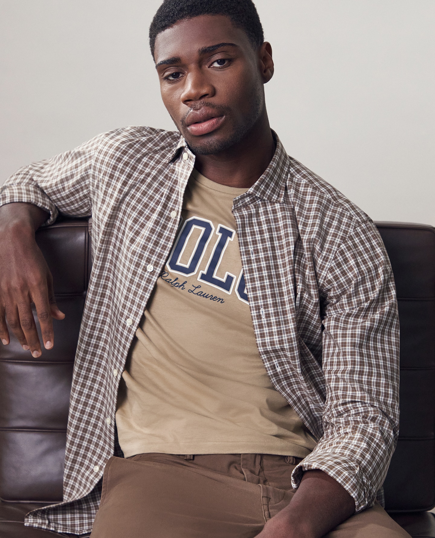 Polo Ralph Lauren Long Sleeve Stretch Check Poplin Shirt - Brown is pictured with Tan Polo Ralph Lauren T-shirt