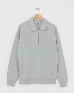 1/4 Zip Relaxed Fit Polo Sweatshirt- Grey Marl