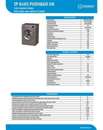 Indesit IP 846S Push & Go Washing Machine - Silver