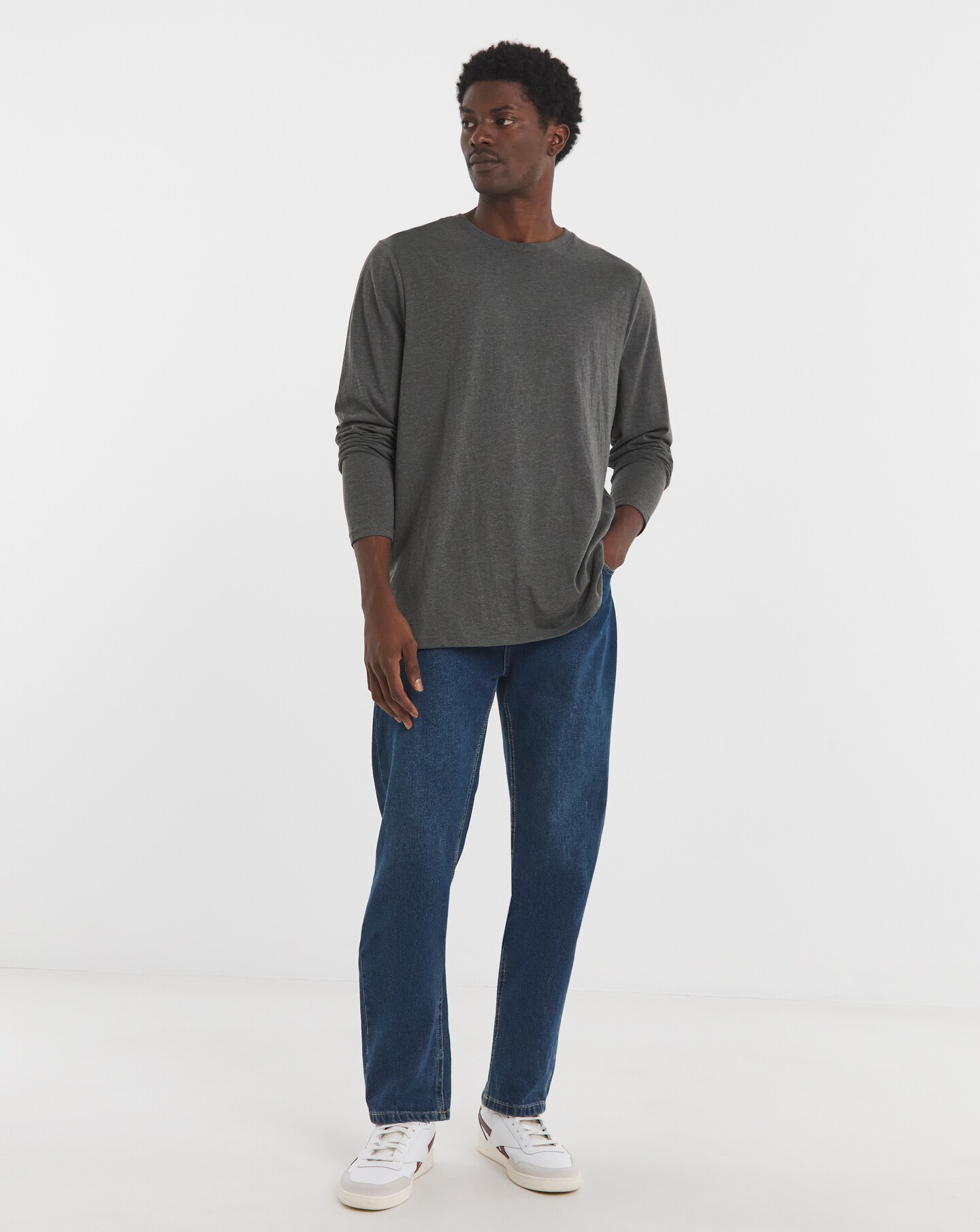 Long Sleeve Crew Neck T-Shirt Long Length- Charcoal | Jacamo