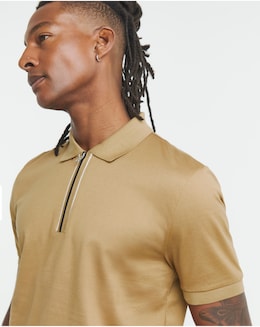 BOSS Short Sleeve Zip Neck Polo - Camel