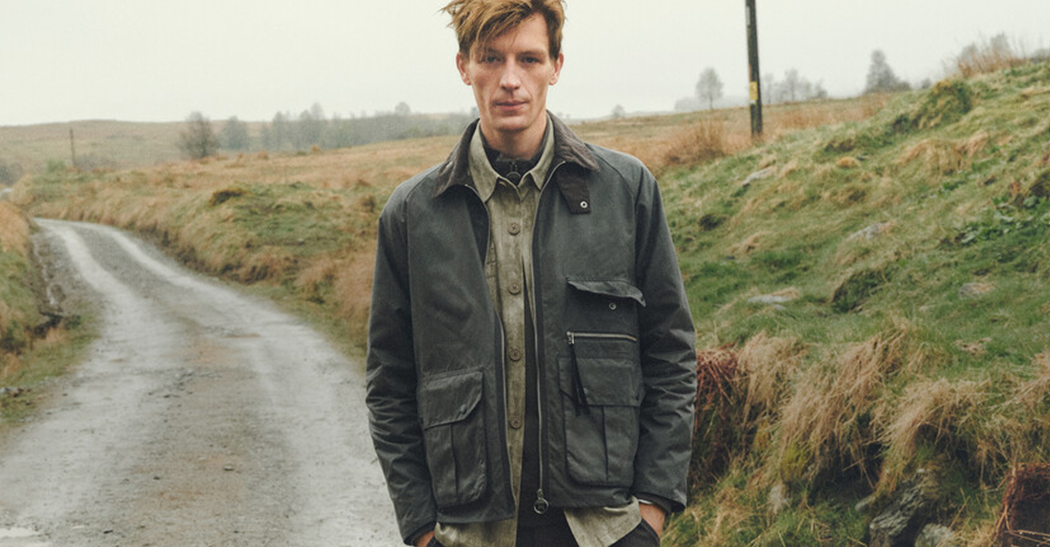 Barbour. New collection, timeless styles. Model wears Barbour Re-Engineered Blackett Spey Wax Jacket - Olive
