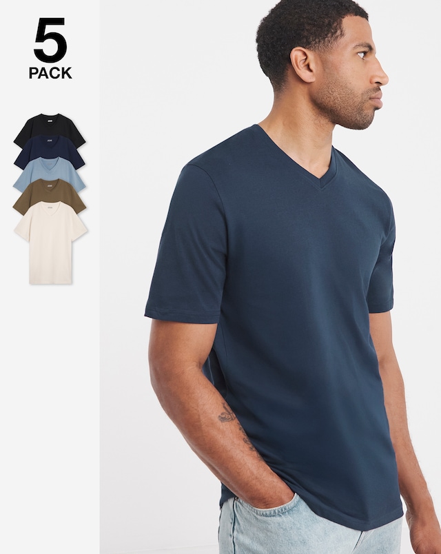 5 Pack Pure Cotton V Neck T-Shirts Long Length