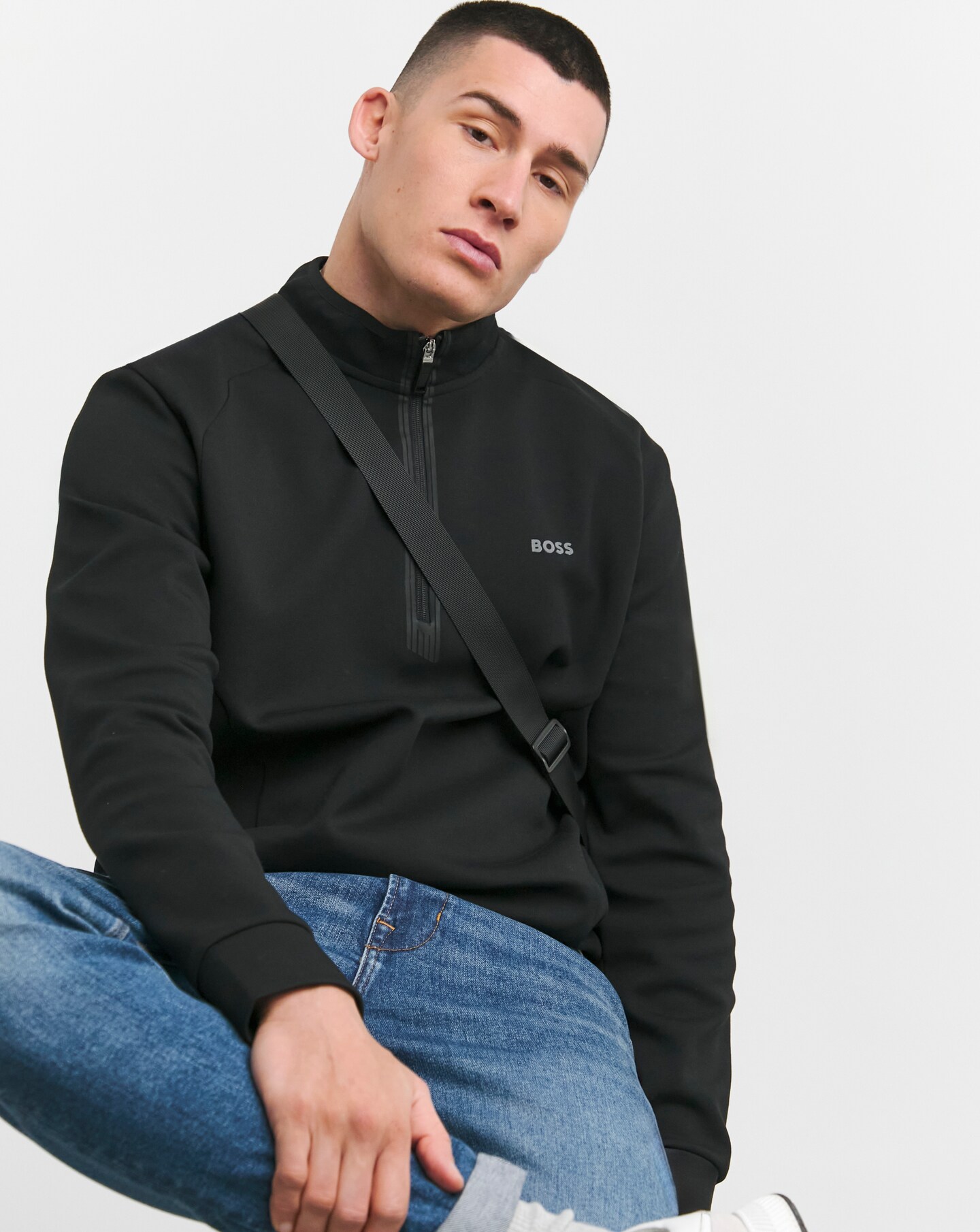 BOSS Half Zip Black Sweatshirt Jacamo
