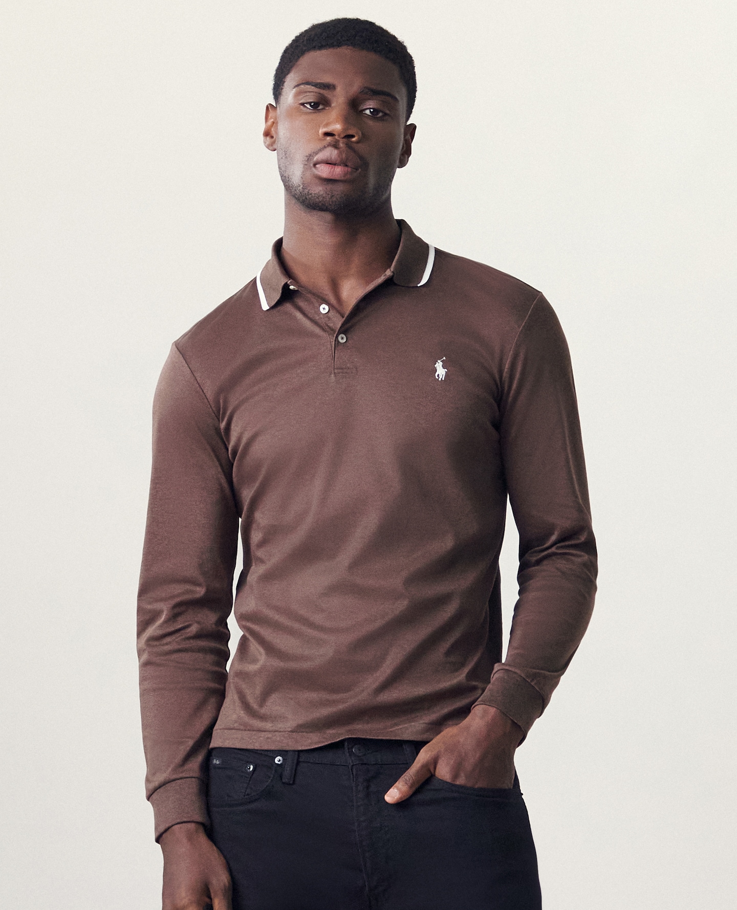Modle wears Polo Ralph Lauren Long Sleeve Tipped Soft Cotton Polo - Brown
