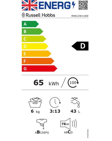 Russell Hobbs RH612W111W, 6Kg, 1200rpm, Washing Machine - White