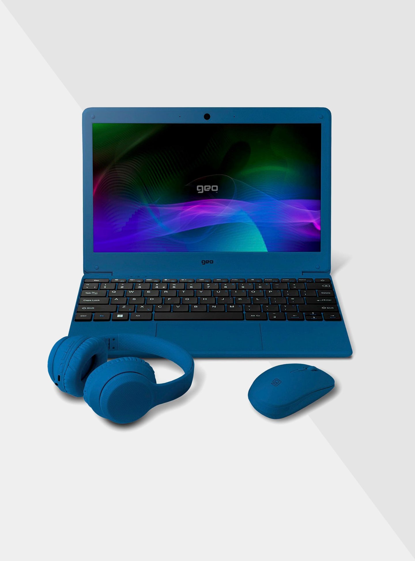 Geo laptop in blue with mouse and headphones