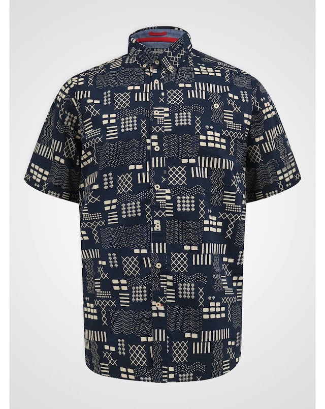 D555 Rick Navy Geometric AO Print Short Sleeve Button Down Collar Shirt