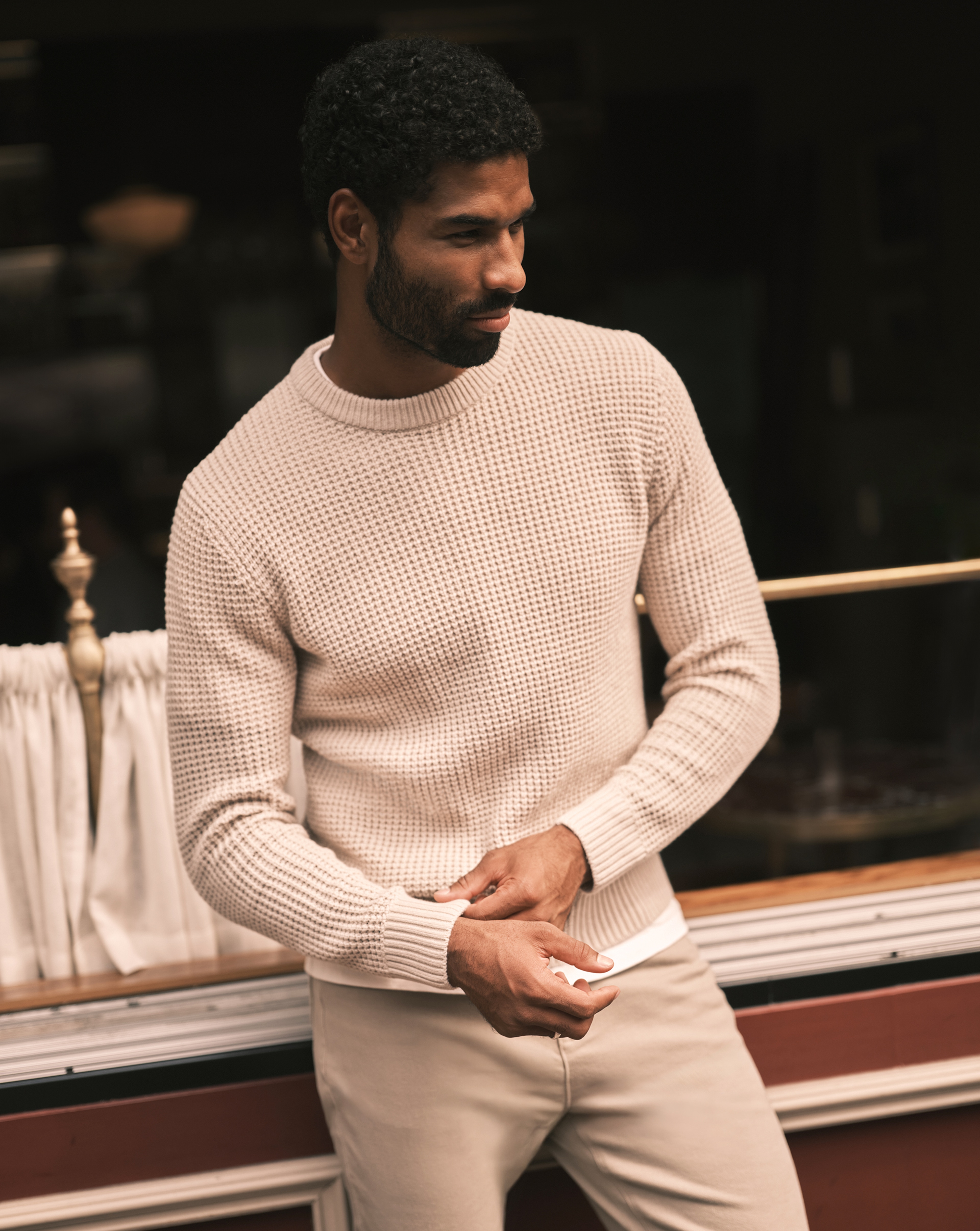 Model wears Jack & Jones Cream Knitwear Jumper