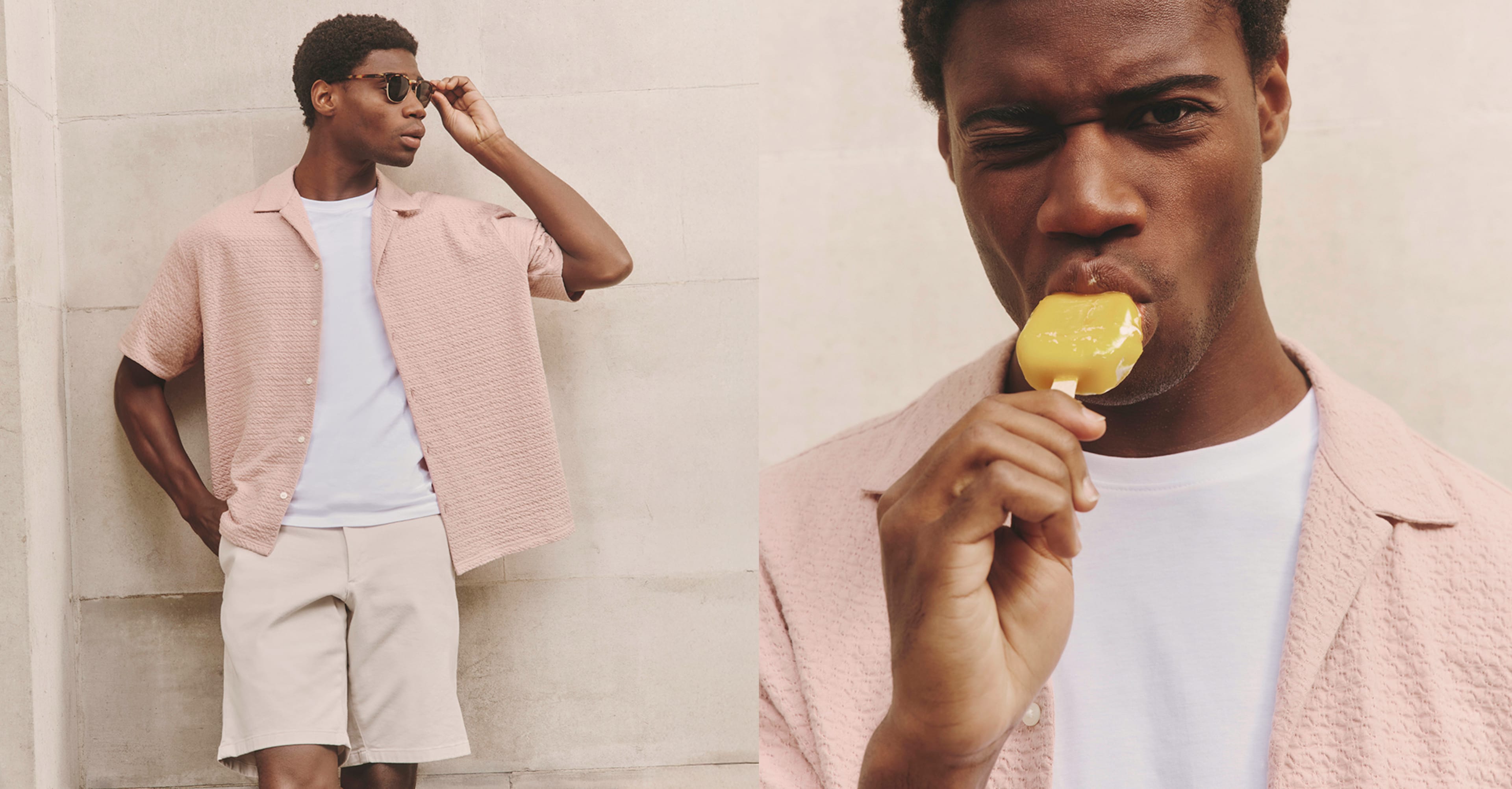 Model wears Jack & Jones Premium Blaleo Textured Resort Shirt - Pink with cream shorts