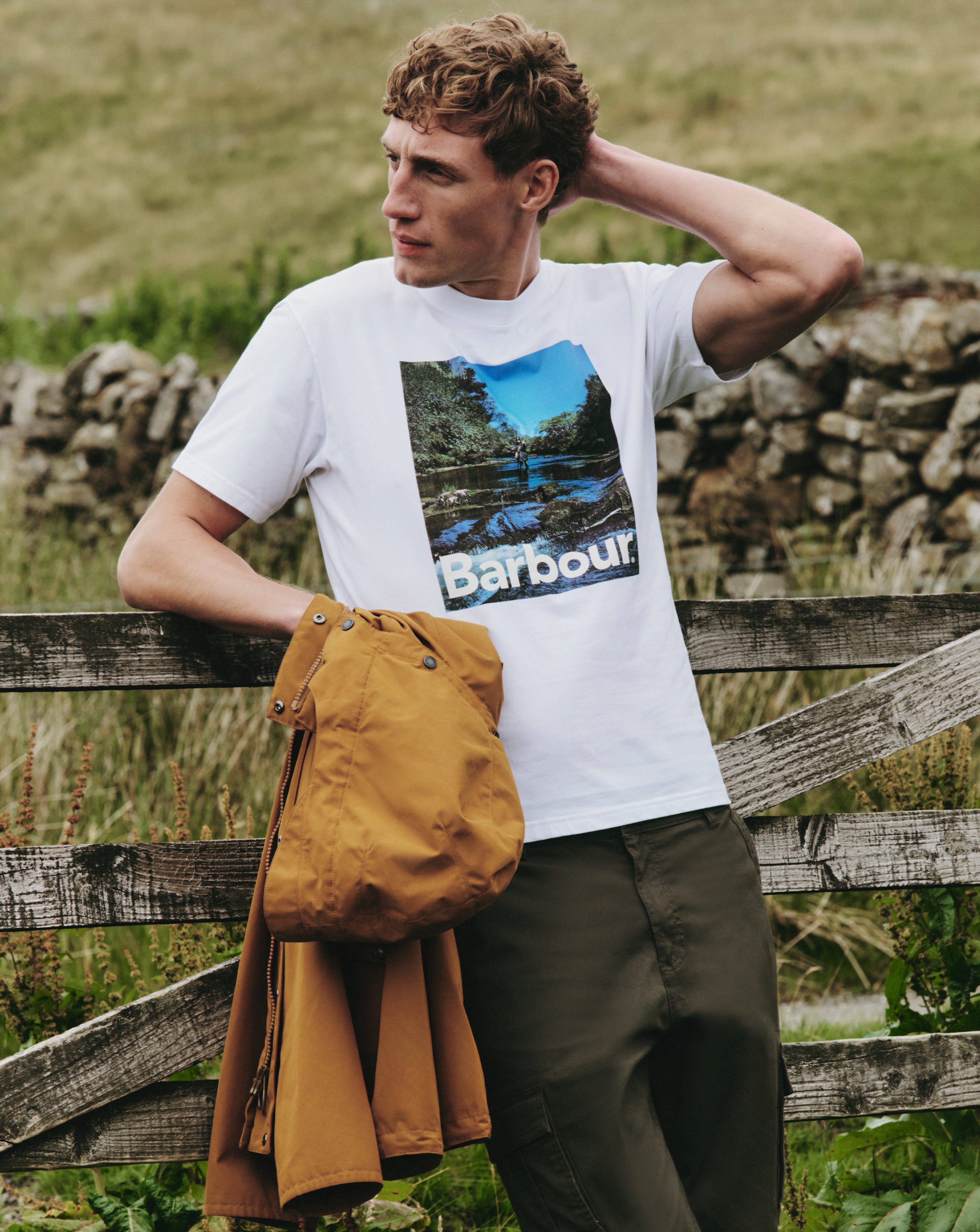 Model wearing Barbour graphic tee