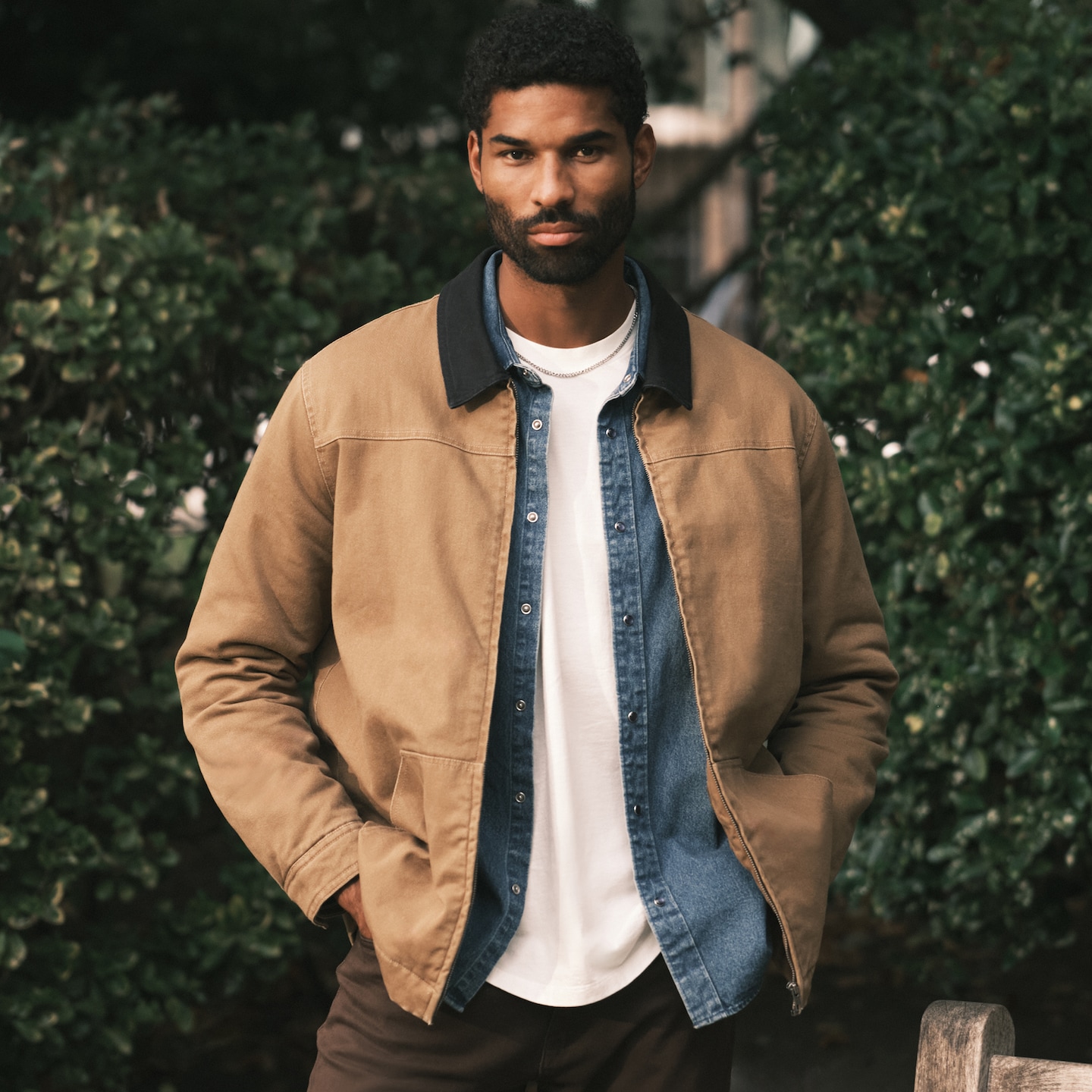 Model wears Union Washed Worker Jacket with denim shirt