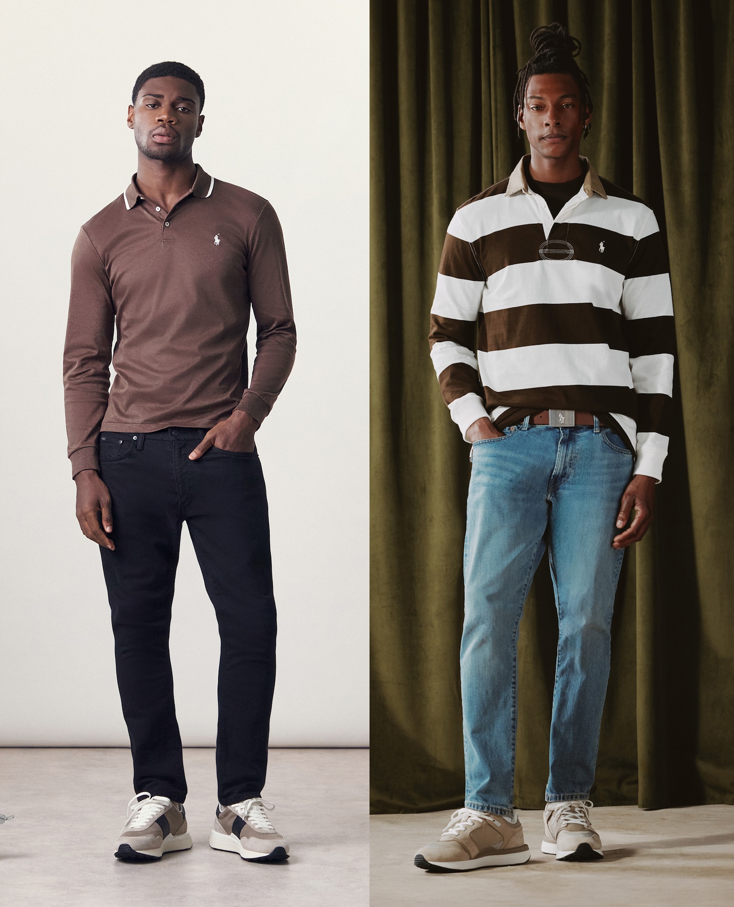Model on left wears Polo Ralph Lauren Long Sleeve Tipped Soft Cotton Polo - Brown with Black Jeans and on the right Polo Ralph Lauren Long Sleeve Stripe Rugby - Brown/Cream