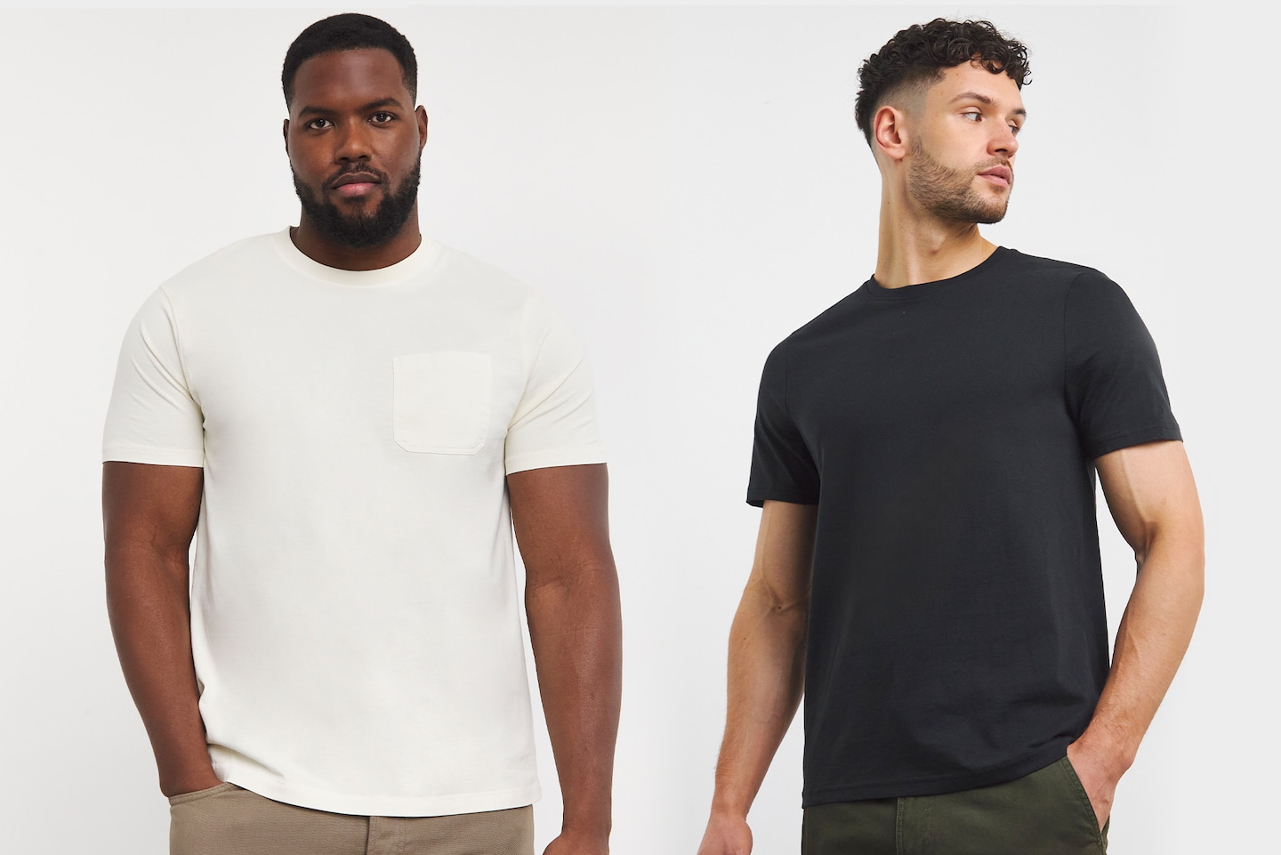 Two models side by side wearing white and black basic t-shirts
